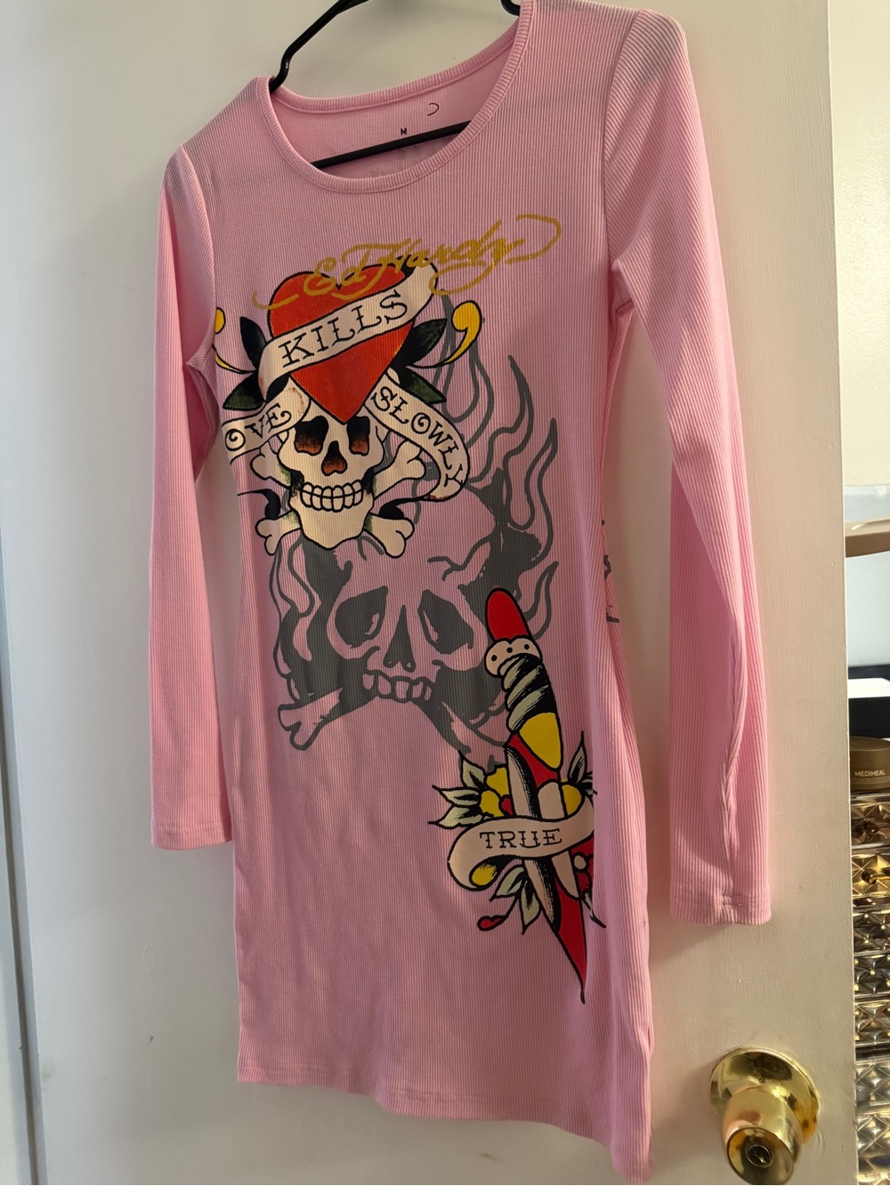 Ed Hardy Pink Long-Sleeve Graphic Bodycon Top - Picture 4 of 5